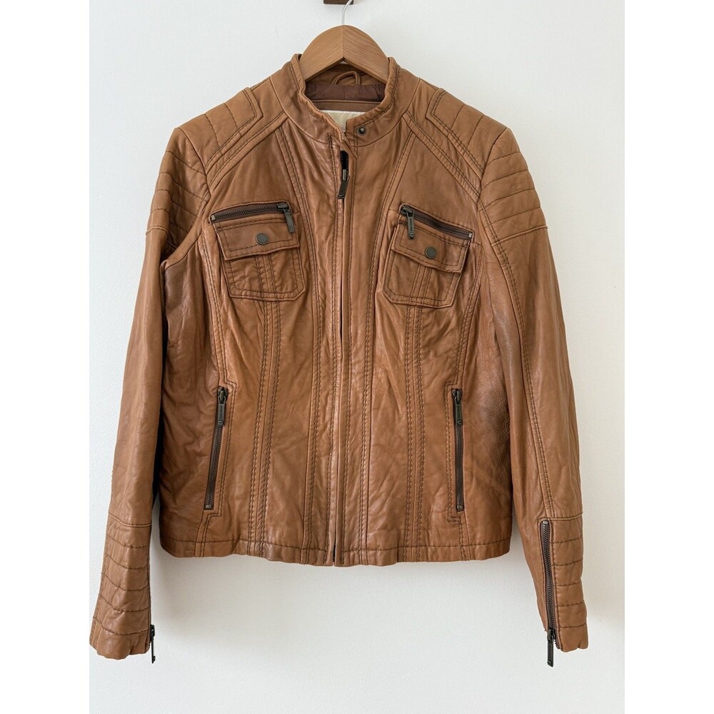 Michael Kors Buttery Leather Zip Front Camel  Racer Jacket Sz L Outwear Capsule